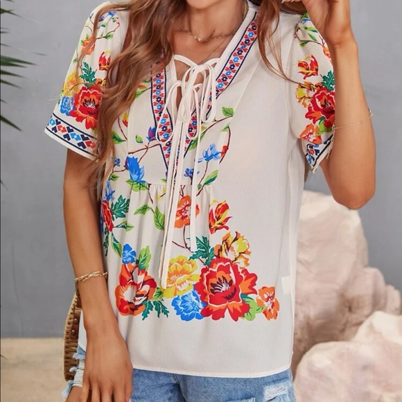 Boho Cream Floral Print Puff Sleeve Top Blouse - Picture 3 of 8